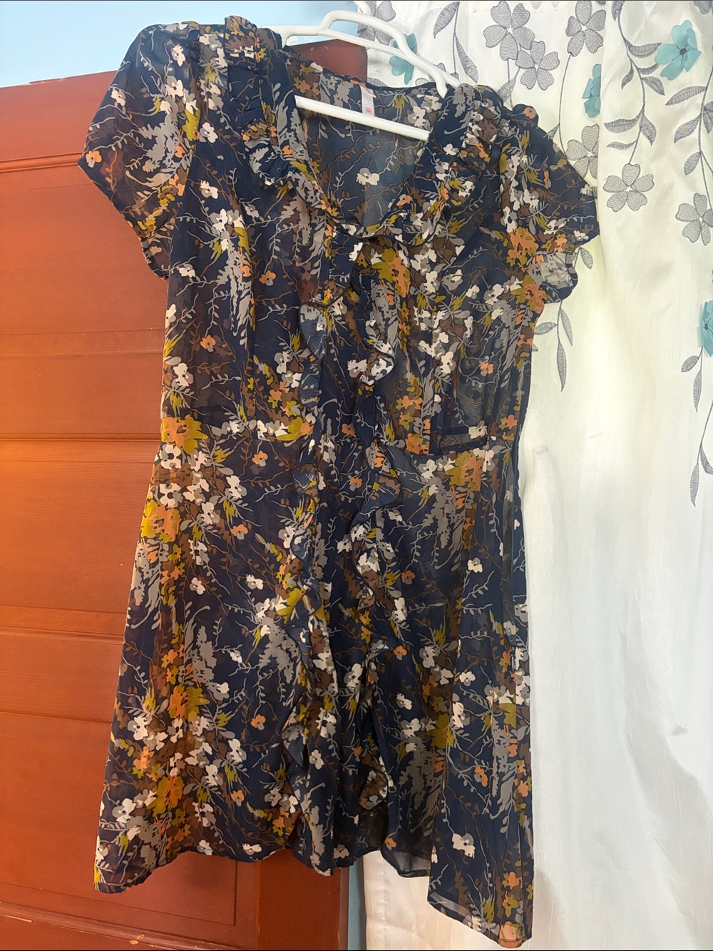 Y2K Xhilaration Sheer Navy Floral Ruffle Short Sleeve Dress